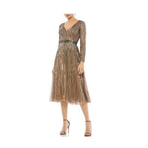 Mac Duggal Beaded V-Neck Long Sleeve A-Line Dress Size 2